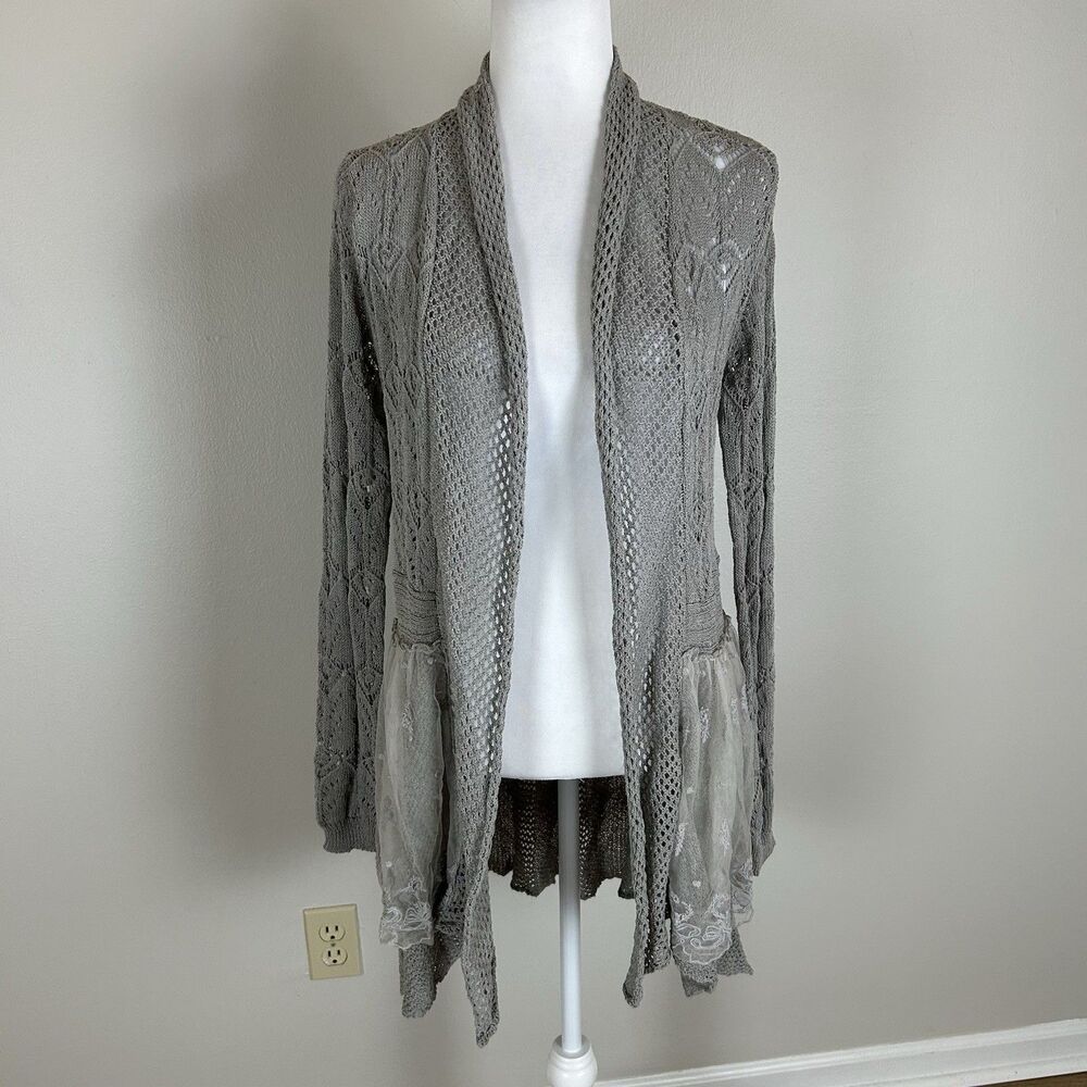 LaSeine Cardigan Size M Boho Open Knit Crocheted Lace Duster Open Front